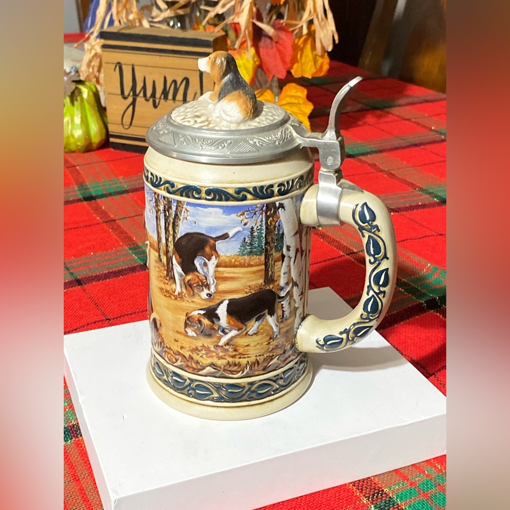 1995 Decorative Ceramic Dog Motif Beer Stein with Pewter Lid